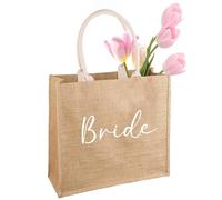 SwirlColor Bride Bag, Minimalist and Reliable Jute Tote Bag Hen Party Bags Bride Gift Bag for Wedding Day Bridal Shower, Suitable for Grocery Picnic Beach Holiday (Brown Bride)
