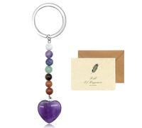 SwirlColor Crystal Keyring, 7 Chakra Amethyst Healing Crystal Keychain Natural Crystal Gemstone Heart Pendant Keyrings for Women Girls Bag Charms, with a Card