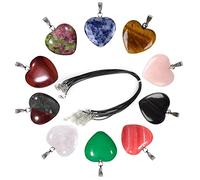 SwirlColor Crystal Necklaces Heart Shaped Stone Pendants, 10 Pieces Natural Assorted Color Healing Crystals Necklace with Leather Necklace Cord Crystal Pendants for Jewellery Making