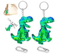 SwirlColor Dinosaur Keyring, 2pcs Funny Green Cartoon Animal Keychains Reversible Sequin Keyrings for Kids Adults, with 2 Rings
