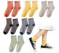 SwirlColor Frilly Socks Girls, 6 Pairs Cute Checkered Striped Ruffle Socks Comfortable Cotton Teens Girls' Crew Socks for Summer Autumn Spring UK 2-4