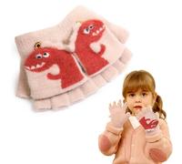 SwirlColor Kids Thermal Gloves, Cute Dinosaur Warm Plush Winter Gloves for Girls Convertible Full Finger Fingerless Gloves for Kids Age 5-10 Years