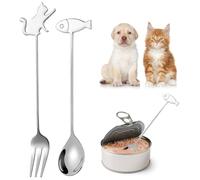 SwirlColor Pet Food Spoon Fork Set, 2 Pcs Cute Stainless Steel Cat Fork and Fish Spoon Creative Dog Cat Feeding Spoon Fork for Wet Food