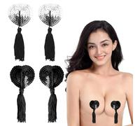 SwirlColor Silicone Nipple Covers for Women, 2 Pairs Sexy Invisible Self-Adhesive Reusable Nipple Pasties with Tassels Heart Shape for Couples Party Accessory Silver and Black