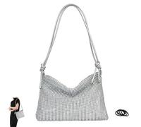 SwirlColor Silver Clutch Bag, Glitter Silver Diamante Clutch Bag Rhinestone Bag Bling Evening Handbag for Wedding Dinner Party, with 5 Pcs Rubber Bands