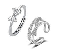 SwirlColor Silver Rings for Women, 2PCS Bow Rings Adjustable Promise Rings Zirconia Thumb Rings for Mum Daughter Girlfriend