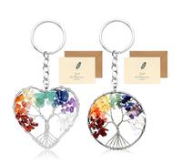 SwirlColor Tree of Life Keyring 2pcs, Beautiful Round Heart Shape 7 Chakra Healing Crystal Tree of Life keychain Gemstone Lucky Pendant Keyrings with 2 Cards for Couple Lover Mother and Friends
