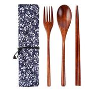 SwirlColor Wooden Cutlery Set, 3PCS Reusable Japanese Style Wooden Chopsticks Fork and Spoon Portable Tableware Kit with Case for Camping Pinic Travel Work
