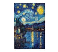 Swirling Starry Sky River Scene 1000 Piece Adults Wooden Jigsaw Puzzle,Village Lights & Boat Reflection,Artistic Oil Painting,Stress Relief Game Gift,Home Wall Decor Art