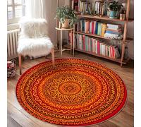 Swirls Area Rug, Bohemian Artistic Circles Lines Fall Orange Non-Slip Backing Round Doormat Throw Rug Edge Binding Laundry Room Bathroom Doorway Entryway Decor 4' X 4'