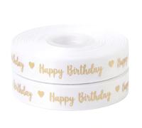 Swirly White & Gold Foil Print Happy Birthday Ribbon Satin 2m x 25mm for Cakes, Cakes Gift Wrap Wrapping Ribbon Cards Decorations Craft