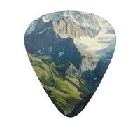 Swiss Alps printed guitar picks, 12-piece set with thin, medium, and thick styles, comes with a storage case