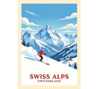 Swiss Alps Winter Sports Travel Poster, Vintage Ski Scene Mountain Landscape Wall Art. Size A4