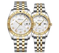 Swiss Brand Two Tone Watch Men Women Gold Silver Stainless Steel Waterproof Couple Watches, A White, Business
