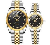 Swiss Brand Two Tone Watch Men Women Gold Silver Stainless Steel Waterproof Couple Watches, Black, Quartz Movement