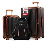 SWISS&CO Luggage Sets 3 Piece Suitcase Set with Free Bonus Backpack Hardside Luggage with TSA Lock and Spinner Wheels, 28-inch, 20-inch, and Free Luxury Backpack, Black-Brown, L