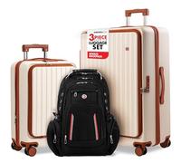 SWISS&CO Luggage Sets 3 Piece Suitcase Set with Free Bonus Backpack Hardside Luggage with TSA Lock and Spinner Wheels, 28-inch, 20-inch, and Free Luxury Backpack, Beige-Brown, L