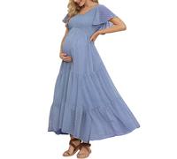 Swiss Dot Smocked Maternity Dress for Baby Shower Photoshoot Casual Summer V Neck Ruffle Sleeve Empire Waist Boho Dress, B Blue, XL