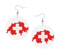 Swiss Flag Map Printed Round Earrings For Women, 1 Pair Lightweight Leather Pierced Earrings Set Trendy Jewelry Gifts For Women Girls