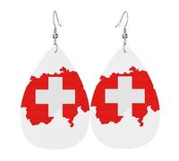 Swiss Flag Map Printed Water Drop Earrings, Lightweight Leather Teardrop Dangle for Date and Party