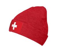Swiss Flag Stretch Knit Cap with Velvet Patch Slouchy Warm Beanie for Cold Weather Cozy Unisex Hat Red