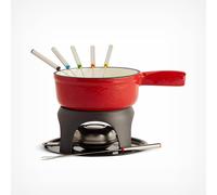 VonShef Fondue Set, Red Enamel Cast Iron Pan for Swiss-Style Cheese or Chocolate Fondue, Includes 6 Colour Coded Forks & Adjustable Burner