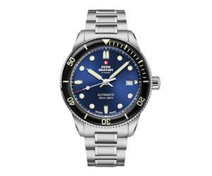 Swiss Military by Chrono SMA34106 Men's Diver Automatic Watch with Stainless Steel Strap or Silicone Strap 20 ATM Date Sapphire Glass, Silver / Blue / Metal Strap, Bracelet