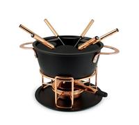 Swissmar Realp 11-Piece Cast Aluminum Fondue Set - Black & Copper, 1.5L Non-Stick Pot, Elegant Copper Accents, Versatile for Cheese, Chocolate, Oil & Broth, Includes 6 Numbered Forks & Spatter Guard