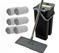 SWISSPACK Floor Mop and Bucket Set - Easy and Simple Squeeze Mop Bucket, Flat Mop with 6-Pack Replacement Machine Washable Microfibre Mop Pads for All Floors Types (Black 6 Pads)