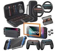 Switch 2 Accessories Bundle for Nintendo, 16 in 1 Game Kit: Carrying Case, Two Screen Protector with Alignment Frame, Steering Wheel for Mario Kart, Grip for joycon Controller Console Protective Cover