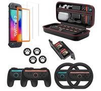 Switch 2 Game Accessory Set for Nintendo includes a portable shockproof case, Mario Kart steering wheel, and Joy-Con controller grip, allowing you to enjoy gaming to the fullest