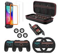 Switch 2 Game Accessory Set for Nintendo includes a portable shockproof case, Mario Kart steering wheel, and Joy-Con controller grip, allowing you to enjoy gaming to the fullest