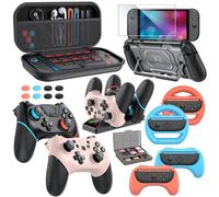 Switch 2 Pro Controller Accessories for Nintendo Switch 2, 21 in 1: Wireless Controllers,Carry Case,Controller Charge Dock,Grips for JoyCon,Steering Wheels for Mario Kart,Protective Case (Black+Pink)