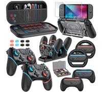 Switch 2 Pro Controller Accessories for Nintendo Switch 2, 21 in 1: Wireless Controllers,Carry Case,Controller Charge Dock,Grips for JoyCon,Steering Wheels for Mario Kart,Protective Case (Black+Black)