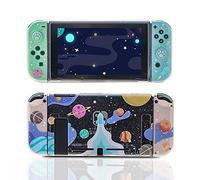 Switch Clear Glitter Case, Switch Space Case, Starry Sky Switch Case with Rocket Pattern,2 Animal Crossing Cat Claw Thumb Grip and 1 Tempered Glass Screen Protector - Rocket Theme
