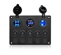 Switch Control Panel, 5 Gang ON-OFF Toggle Switch with 4.2A Double USB Socket, 12V Cigarette Lighter with LED Voltmeter fit for Marine Boat Van Truck Car.