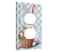 Switch Cover Plates, Easter Bunny Pattern, Soft Blue Gingham with Adorable Rabbit with Egg Basket, Thermoplastic Wall Plates, Standard Size Single Duplex Plug
