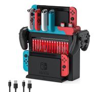 Switch Game Storage with Controller Charger for Nintendo Switch & OLED Model, Switch Charging Dock Charges 6 Joycons, Switch Gaming Accessories Holder Desk, Switch Game Gift Card Organizer (Red＆Blue)