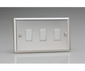 Switch Silver Triple Light 10A 3-Gang 2-Way Classic Mirror Chrome + White Insert