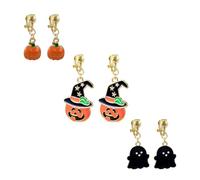Switch up your spooky season look with this 3-pair set of earrings for women. These clip on earrings include playful dangle earrings and drop earrings styles featuring a smiling pumpkin, a witch-hat