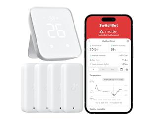SwitchBot Thermometer Hygrometer 4 Pack with Hub, WiFi & Bluetooth IP65 Indoor Outdoor Thermometer Wireless, Humidity Sensor with Smart Alerts, Works with Alexa, Apple Home, Google Home