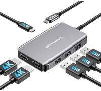 SWITCHFLUX USB C Docking Station Dual Monitors Adapter,6 in 1 USB C Hub for Dual 4K HDMI Display,USB C Hub with 2×HDMI,3×USB Port,100WPD Compatible for MacBook Air/Pro,Dell XPS,and More