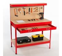 SwitZer New Red Steel Garage Tool Box Toolbox Work Bench Workbench Storage With Drawers Pegboard and 20 Pegs Shelf DIY Workshop Station