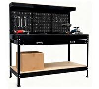 SwitZer Heavy-Duty Metal Workbench for Garage, Workshop Table with Pegboard, Top Shelf, Drawer & Lower Storage Shelf, Steel Frame Utility Work Table for DIY, Tools & Repair