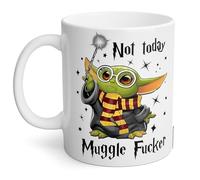 Switzer Kreations BabyYoda Wizard Gift for Wizarding Fans, Not Today Mugglefucker, Funny Coffee Mug, Christmas Birthday Present for Harry Fans Men Women - Ceramic (11oz Red Gold Team)