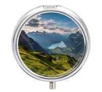 Switzerland Alps Pill Box,3 Compartments Round Small Pills Case Moisture-Proof Portable Pill Container for Travel Vitamins Fish Oil Supplements