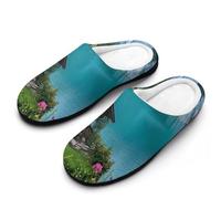Switzerland Beautiful Lake Cotton Women's Slip-on Slippers Winter Warm House Shoes with Rubber Sole for Home Office Hotel