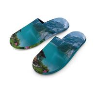 Switzerland Beautiful Lake Flannel Men's Slip-on Slippers Winter Warm House Shoes with Rubber Sole for Home Hotel