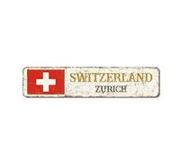 Switzerland Retro Metal Plaque Tin Sign Zurich City Metal Signs Hanging Novelty Signs Farmhouse Decor Country Souvenir Sign National Flag Quality Metal Sign for Porch Outdoor 4"x18"