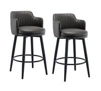 Swivel Bar Stools Set of 2 with Back, Kitchen Island Counter Height, Nappa Leather Upholstery, Black Metal Legs, Arms, Footrest for Home Bar Dining Room